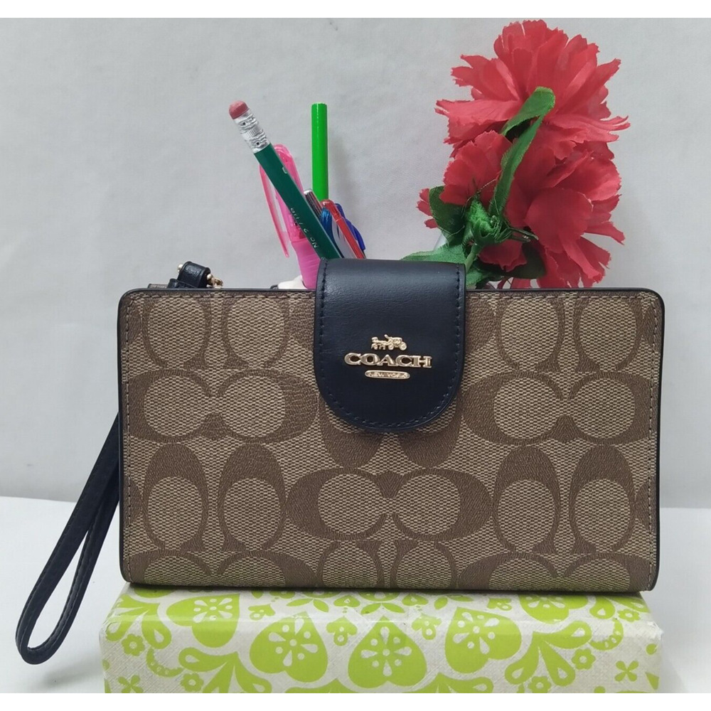 Coach Tech Signature Brown Leather Credit Card ID Window Bifold Wallet